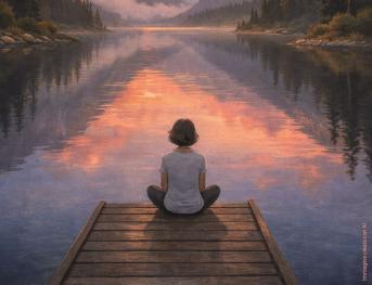 ragazza che guarda l'orizzonte sul lago