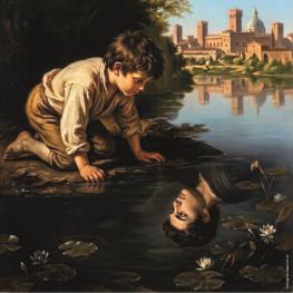 bambino che si specchia nel lago