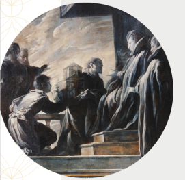 Margherita Gonzaga riceve il modello della chiesa di Sant'Orsola di Domenico Fetti - dettaglio del dipinto a olio