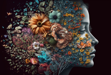 viso di donna di profilo con fiori e foglie